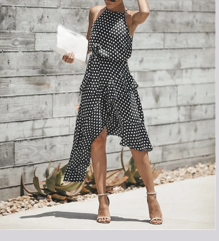 

2019 Fashion Women Polka Dot Print Asymmetrical Dress Casual Halter Ruffles Beach Dress High Waist Summer Dress