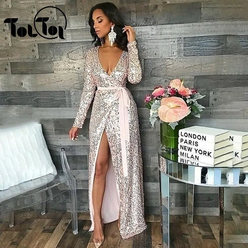 

Fashion Sequin Long Maxi Dress Women Sexy High Split Long Dress 2019 Solid V Neck Autumn Winter Dresses Party Vestidos