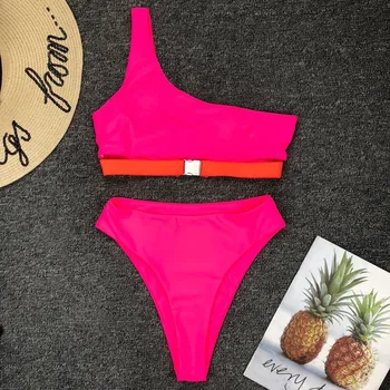 

NADANBAO 2019 New Products 2019 Neon Hot Pink One Shoulder Bikini Sexy Women Push Up Swimsuits High Waist Bathing Suits