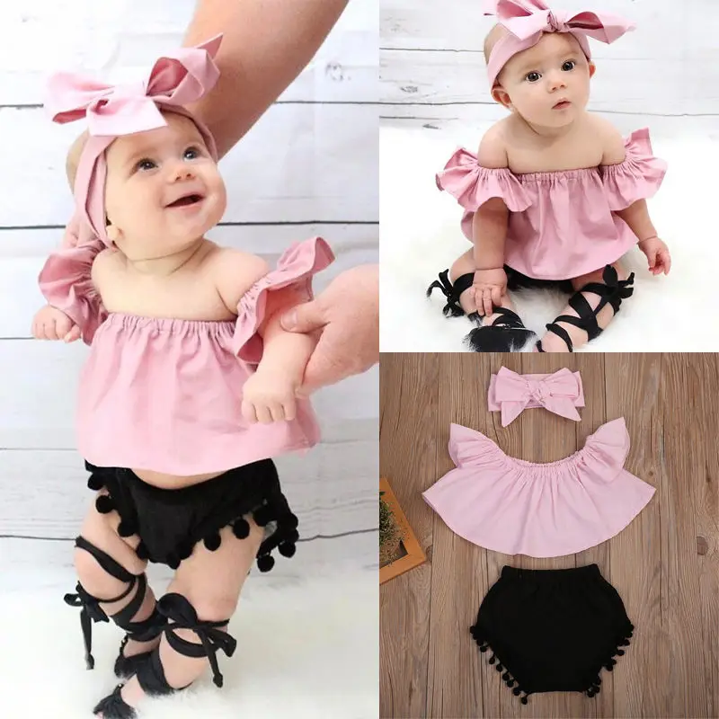 Pudcoco Girl Set 0-24M 3Pcs Toddler Baby Kids Girl Clothes Off Shoulder T-shirt+Short Pants Outfits Set