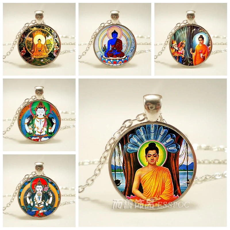 

Buddha Buddhist Glass Pendant Necklace Buddha Jewelry Silver Glass Dome Chain Necklace Good Luck Amulets Gift for Lover Gift