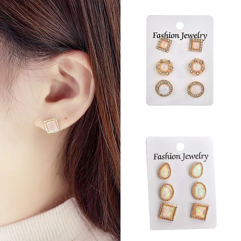 

Exquesite 2019 New Arrival High Quality Allergy Free Graceful 3Pairs/Set Imitation Of Opal Resin Stud Earrings Set Gifts