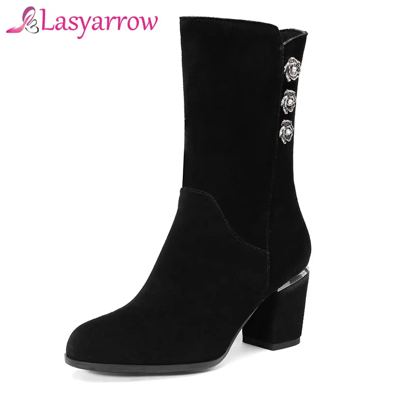 

Lasyarrow Genuine Leather Mid Calf Boots Ladies Chunky High Thick Heels Round Toe Plus Size Female Boots Suede Black Punk Shoes