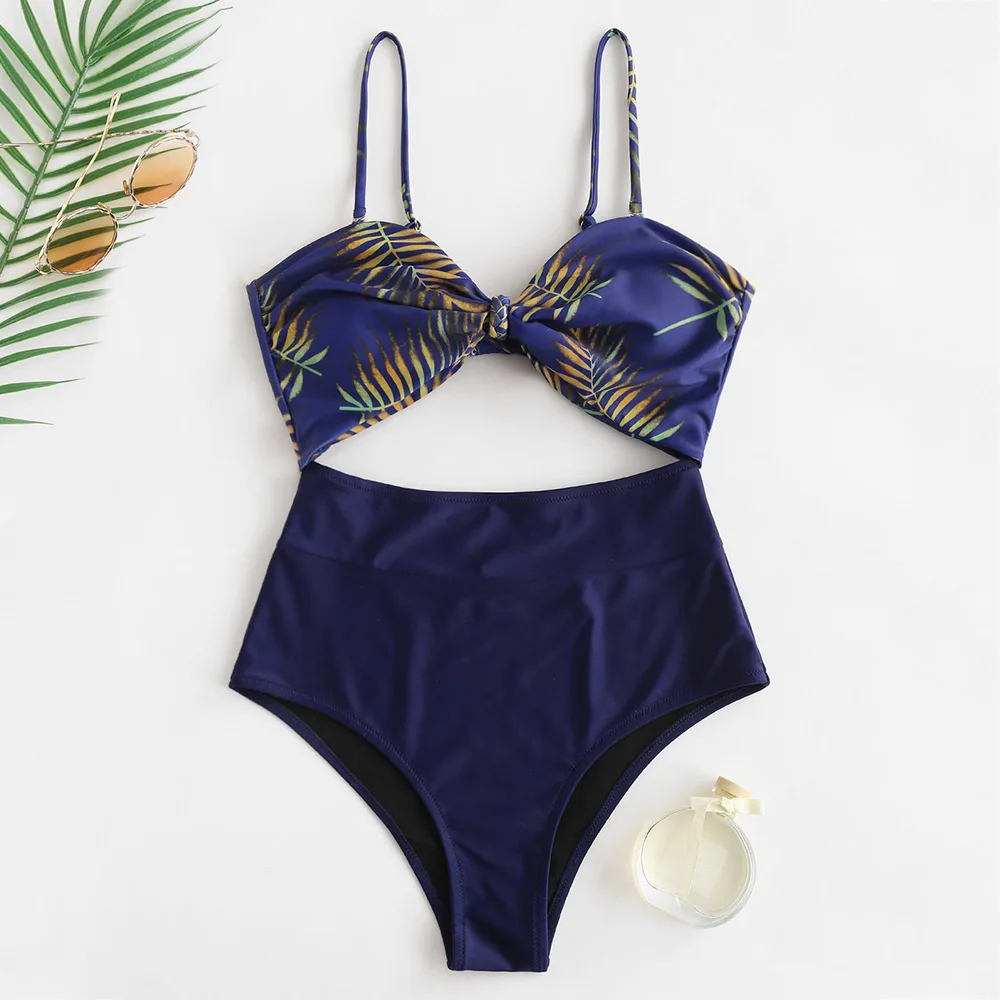 

ZAFUL 2019 Summer Leaf Print One Piece Swimsuit With Cutout Front Bow Knot Tie High Waisted Swimwear Women Bathing Suits