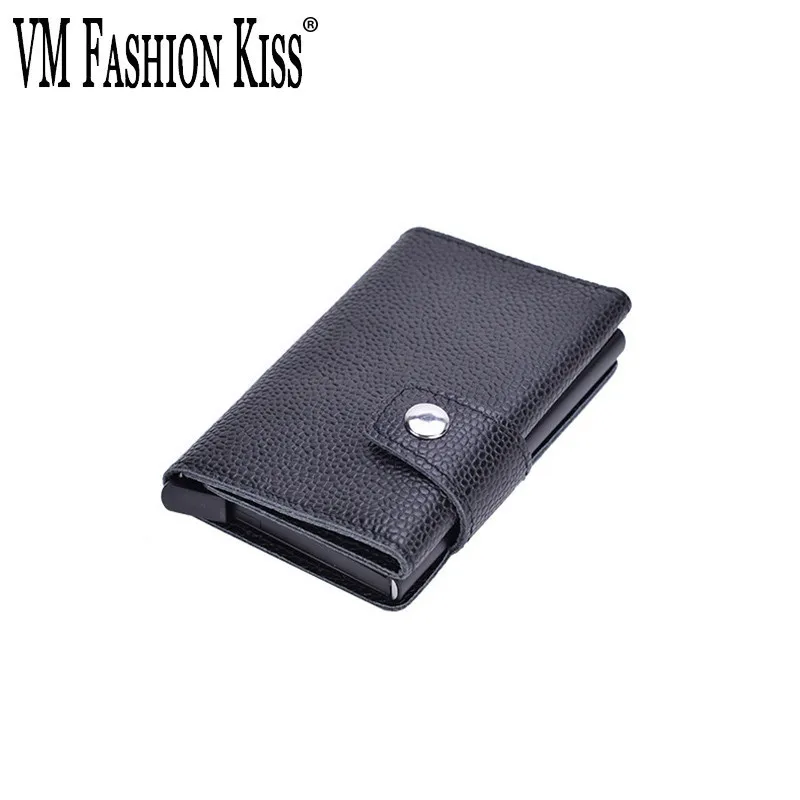 

VM FASHION KISS 2019 Latest Style Genuine Leather Mini RFID Blocking Wallet ID Credit Card Holder Safety Metal Travel Wallet