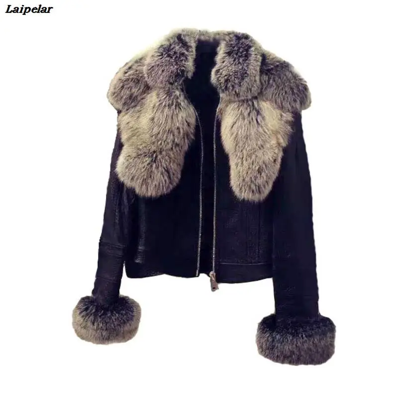 

Chic Big Faux fox fur removable collar slim Faux Leather jacket PU Coat Turn Down Collar Zipper Bomber Cardigan Outwear 2018