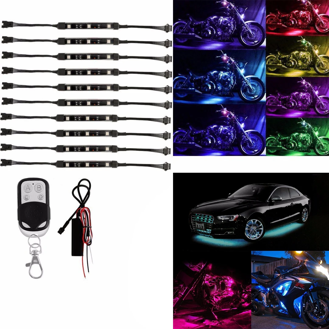 

10PCS/SET Colorful Motorcycle RGB LED Atmosphere Light Under Glow Neon Strip Decorative Lights with Remote Control Kit DC 12V
