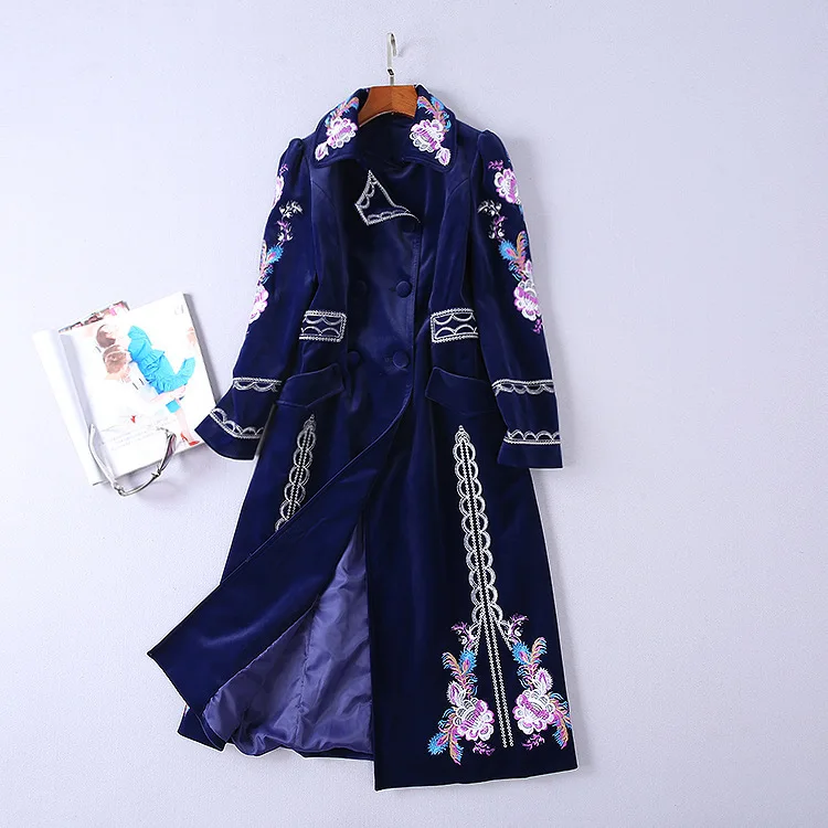 Зима, Женский Тренч, высокое качество, подиум, лацканы, длинный рукав, Цветочная вышивка, двубортное замшевое плотное пальто