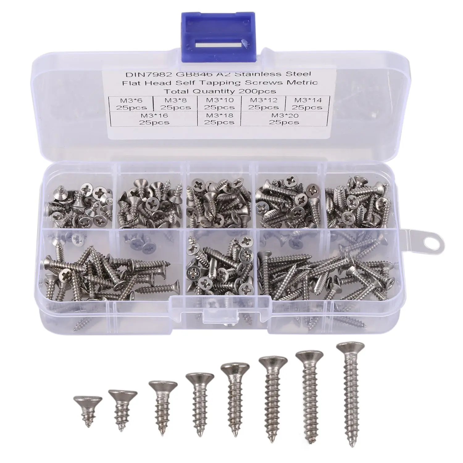 

CNIM Hot 200Pcs M3 Stainless Steel Flat Head Screws Kits High Strength Self-Tapping Screws Assortment Set For Wood Furniture