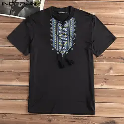INCERUN 2019 вышивка повседневные мужские футболки Этническая Стиль короткий рукав свободные кружево до футболки Винтаж для мужчин футболка