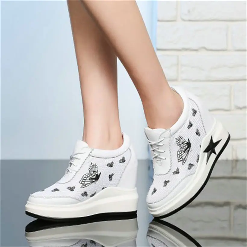 Véritable black1 Noir Wedge Plate Lacets Talons Parti Sneakers Sandales Femmes Cuir Hauts Bottines Blanc Respirant Du black2 white1 À White2 forme De htsrCxdQ