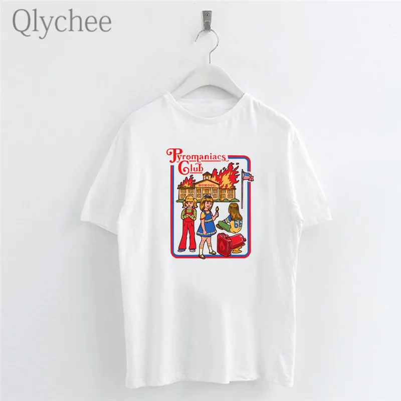 

Qlychee Harajuku Devil Series Girls Fire Print Female White T-shirts Short Sleeve O-Neck T-Shirts Women Simple Casual Top Tee
