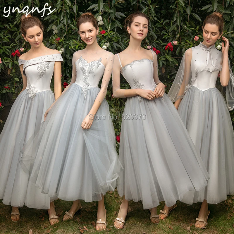 YNQNFS B10 настоящая Тюль Винтаж принцессы Чай Длина Серебряные платья для подружек невесты 50-х 60-х Свадебная Гостевая одежда Вечерние платья