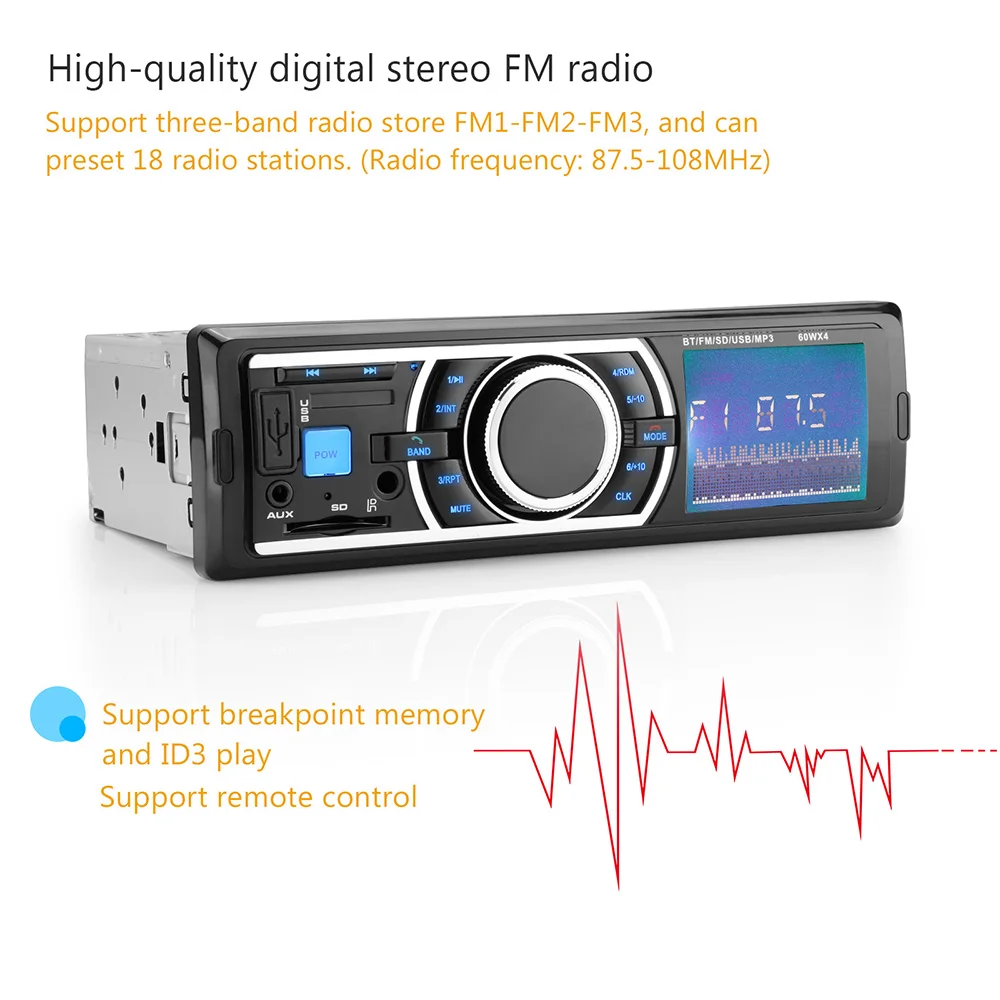 4X60W1 Дин Bluetooth Радио стерео плеер fm радио MP3/USB/SD/MMC с разъемом подачи внешнего