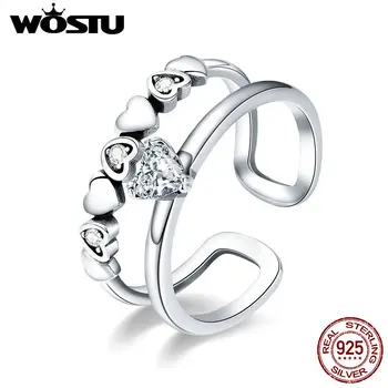 

WOSTU Real 100% 925 Sterling Silver Bridal Heart Clear CZ Open Rings For Women Fashion Jewelry Wedding Party Silver Ring CQR429