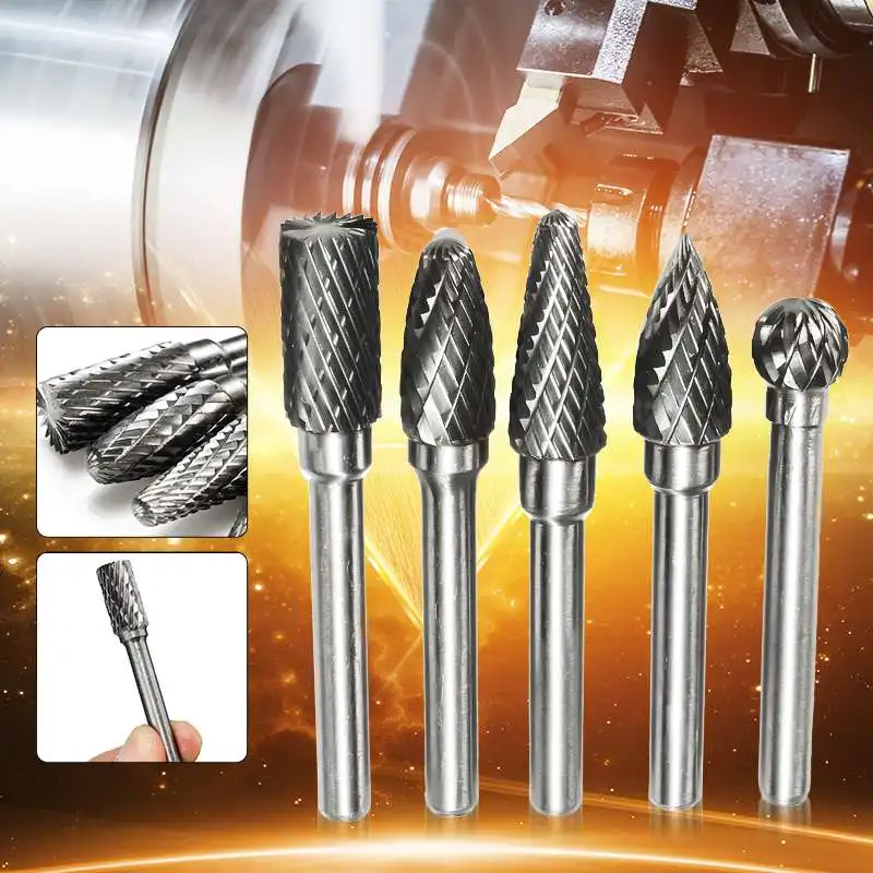 

5pcs 1/4'' 6mm Head Tungsten Carbide Rotary Point Burr Die Grinder Shank Set
