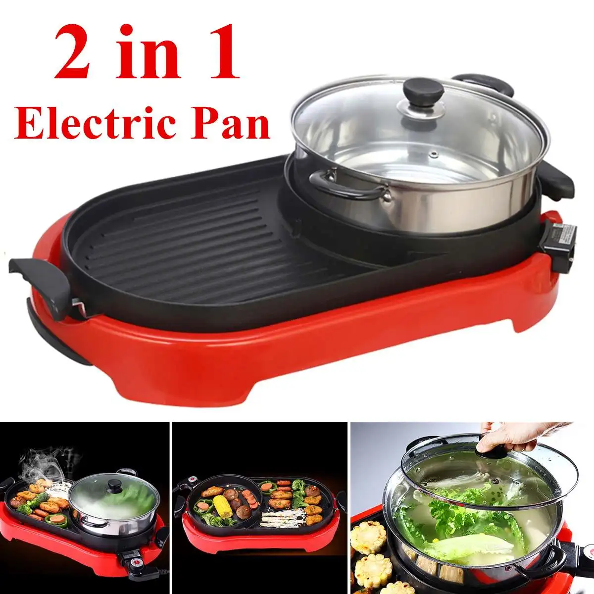 

2 In 1 Electric Pan Grill Hot Pot Teppanyaki Soup Pot Cooking Tools BBQ Tools Cookware Kitchen Accessories BBQ Barbecue