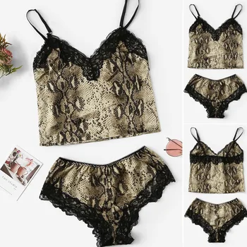 

2Pcs Sleeping Set Snake Print Women Summer Silky Lace Patchwork Nightwear Sleepwear Tops Shorts Pajamas Set NEW 2019