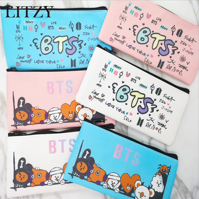 BTS BT21 Bangtang мальчик пенал для девочек Kawaii искусственная кожа Пенал школьный милый