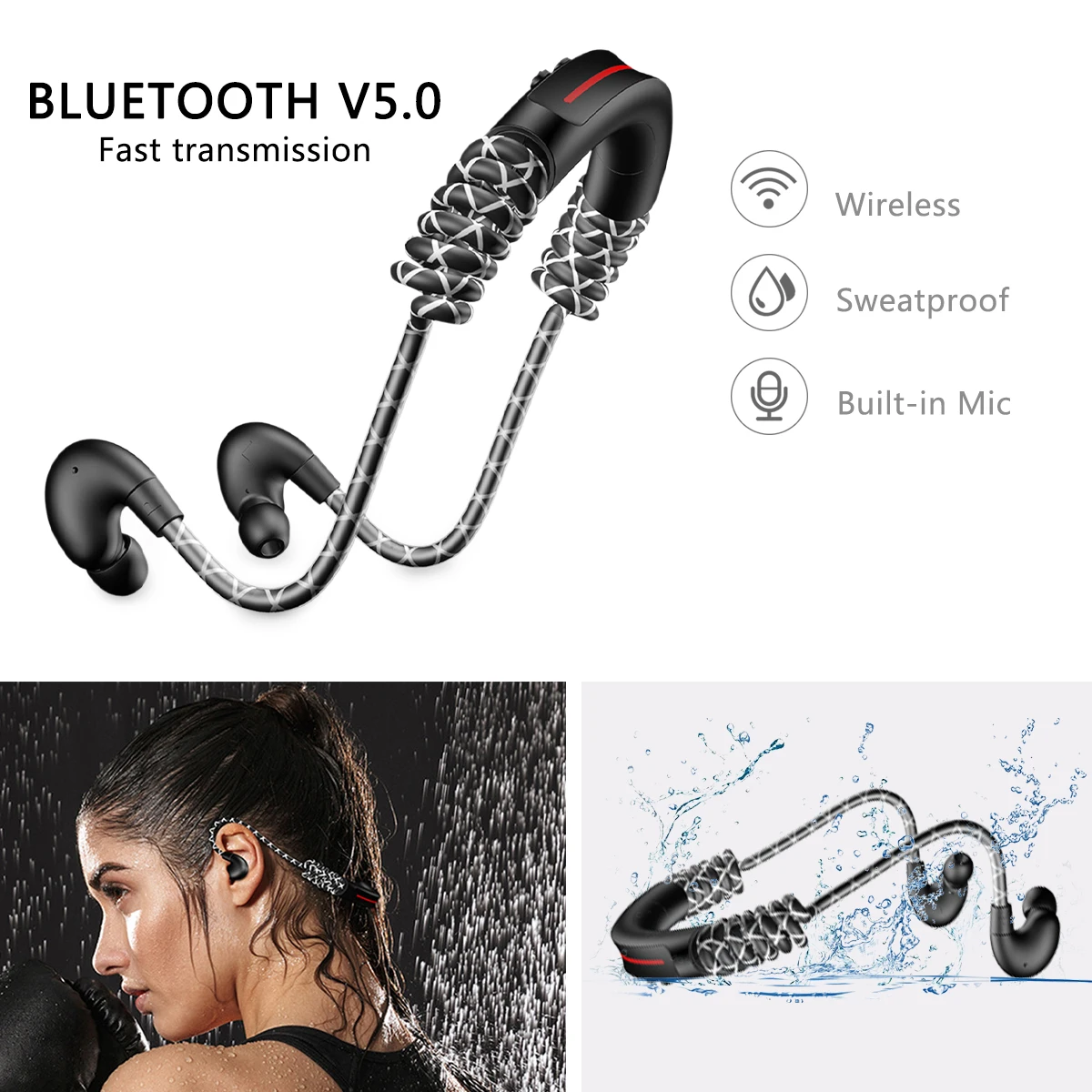 

Bluetooth 5.0 Earphones Sweatproof Waterproof Wireless Headphone Earbuds Running Outdoor Sport Earphone Headset for iPhone