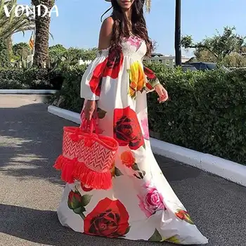 VONDA Bohemian Dress Women 2020 Summer Beach Sexy Off The Shoulder Floral Print Maxi Long Dresses Holiday Plus Size Vestidos 5XL blue floral print off shoulder maxi dress