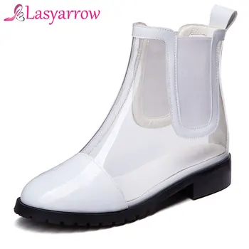 

Lasyarrow fashion women PVC ankle boots round toe thick heel transparent women boots clear low heels summer spring rain shoes