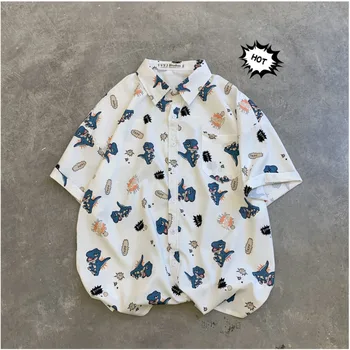 

Men's Shirt Summer New Hong Kong Style Refreshing Loose Lapel Slim Short Sleeve Shirt Print Personality Youth Casual Men's Wear