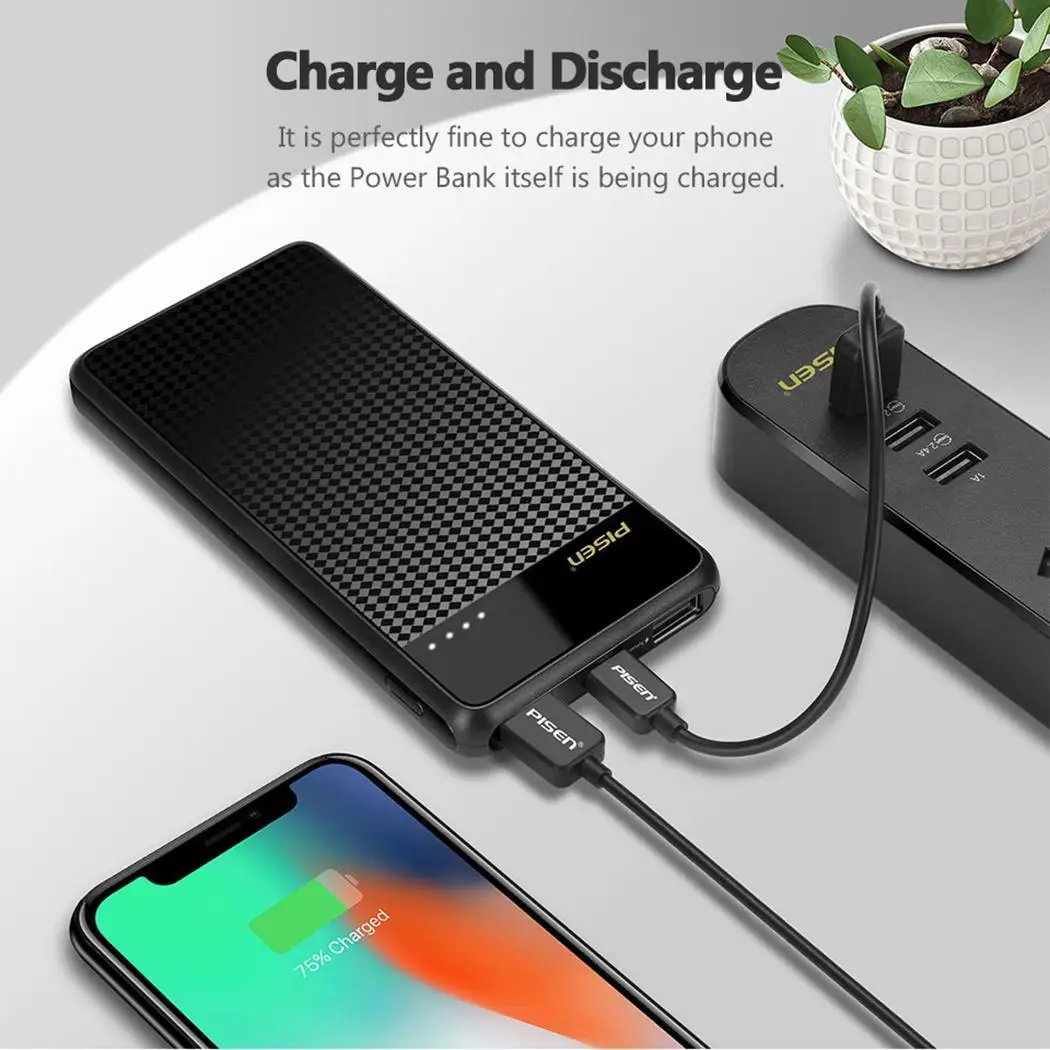 PISEN Slim Power Bank 10000 мАч ультра тонкий двойной выход Smart 2.1A Быстрая зарядка Powerbank