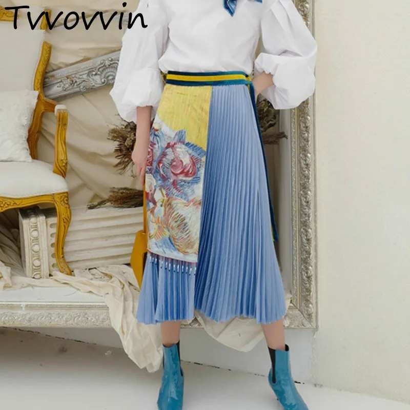 

Vintage Pleated Women Midi Skirts Oversize Elastic High Waist Print A Line Skirt Female 2019 Autumn Fashion New Fashion Q592