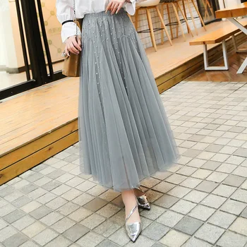

2019 Gauze Spring New Pattern Pleated Skirt Long Longuette Woman