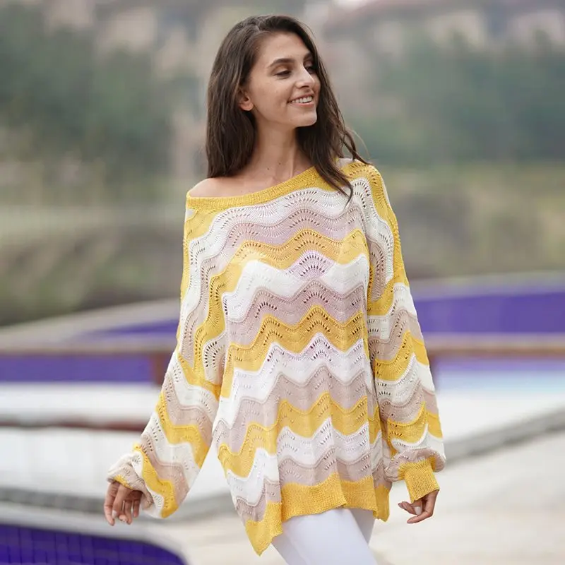 Brand Boho Stripe Knitted Sweater Women Stylish Hollow Out Yellow Street Loose Pullovers Ladies Autumn Thin Casual Knitwear Top Brand Boho Stripe Knitted Sweater Women Stylish Hollow Out Yellow Street Loose Pullovers Ladies Autumn Thin Casual Knitwear Top