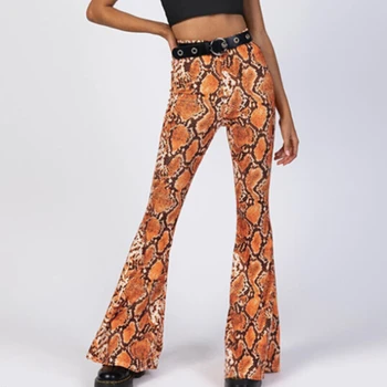 

Women Snakeskin Print High Waist Wide Leg Pants Elastic Waist Sexy Trousers For Women Bell Bottom Pantalon Femme
