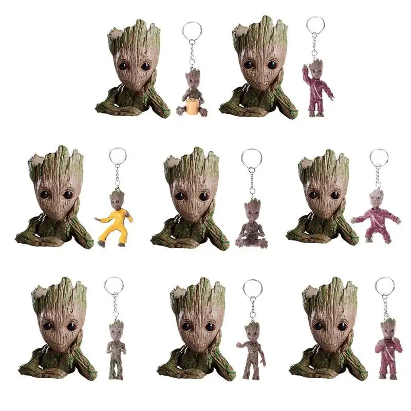 

2pcs/set Baby Flowerpot Groot Action Figures Model Toy Pen Pot Holder with 1PC Keychain Christmas Bithdays Gift for Kids Flowep
