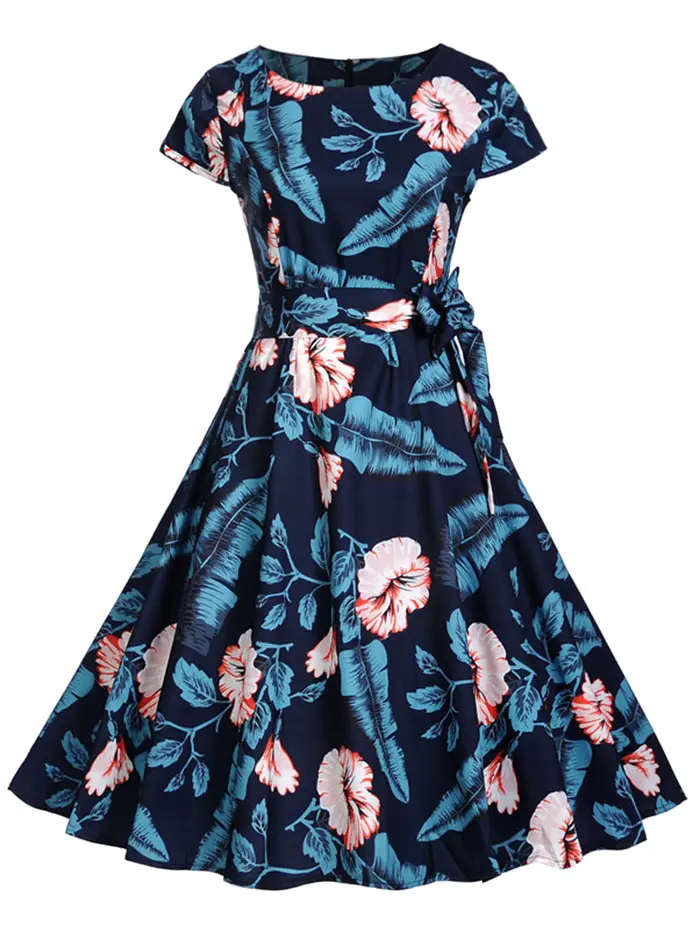 Wipalo Vintage Floral Tropical Print Pin Up Knee Length Dress Short ...