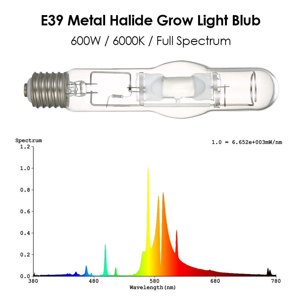 Растет Оборудования Лампа 6000 K 600 W E39 металлогалогенные светать полный спектр Металлогалогенная лампа Blubs для комнатный гидропонный