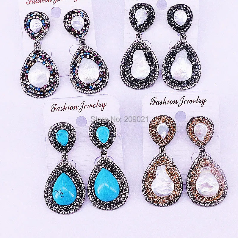 

4Pairs Natural Pearl /Stone Dangle Earrings Pave Rhinestone Charm Fashion Jewelry Women Earrings