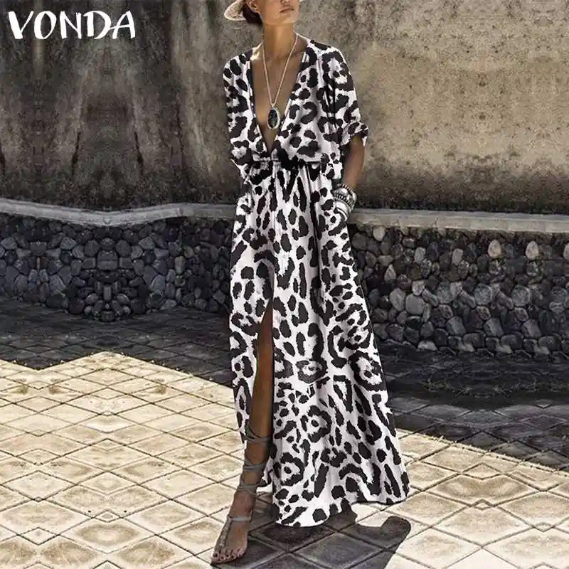 Vonda Frauen Leopard Print Lange Kleid 2020 Sexy V Ansatz Halbe Hulse Hohe Taille Split Party Kleid Urlaub Casual Plus Grosse Vestidos Kleider Aliexpress