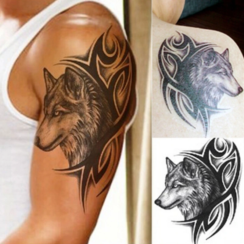 

poseida Men's Wolf Head Temporary Tattoo Sticker Waterproof Removable Body Arm Art Fake Tattoo Sticker