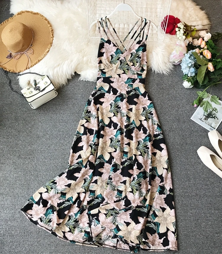 

Flower Print Halter Women Beach Long Dress Strapless Backless Cross Female Dress