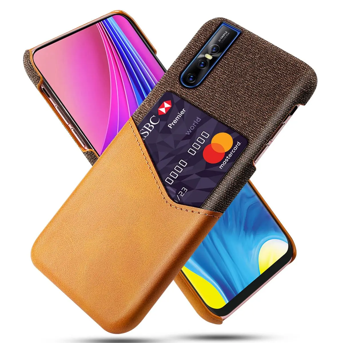 For Vivo V15 Pro Back Case Thin PU Leather and Soft Fabric Splicing Design Anti-scratch Phone Protector with Card Slot
