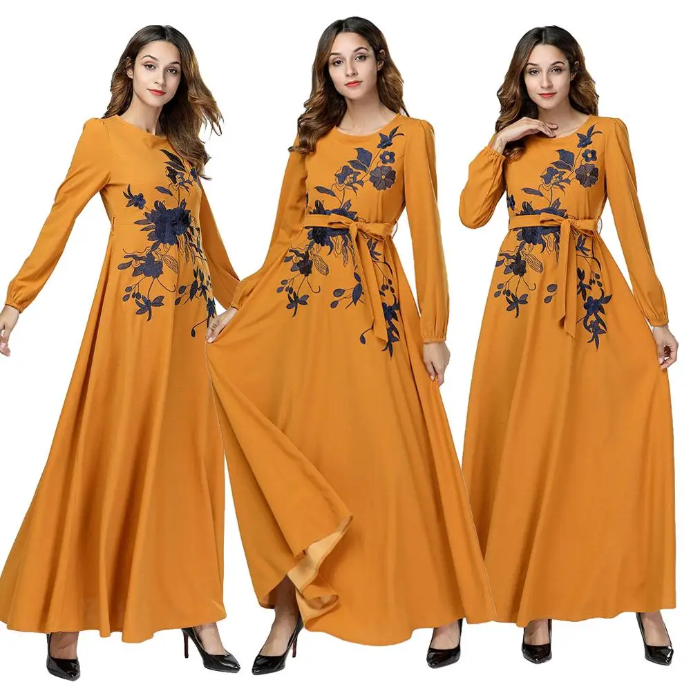 Женское длинное платье с вышивкой Abaya мусульманское макси кафтан Дубай длинный