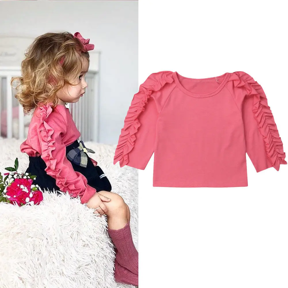 Princess Kid Baby Girls T shirts Long Sleeve Ruffles Pink Color Tops