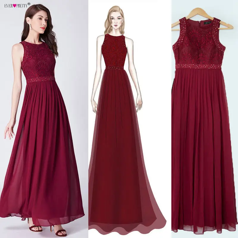 

Burgundy Bridesmaid Dresses 2019 Ever Pretty EZ07391 Long Lace Appliques A-line Sleeveless Wedding Guest Dress Vestidos De Gasa