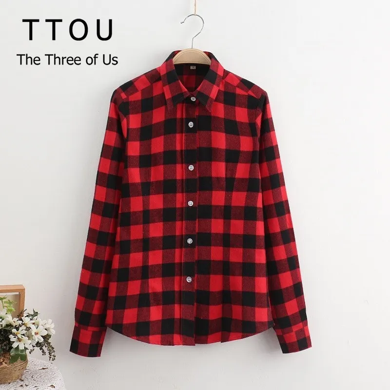 

TTOU Women Plaid Blouse Long Sleeve Cotton Tops Flannel Plaid Shirt Casual Female Plus Size Blouse Ladies Vintage Clothes