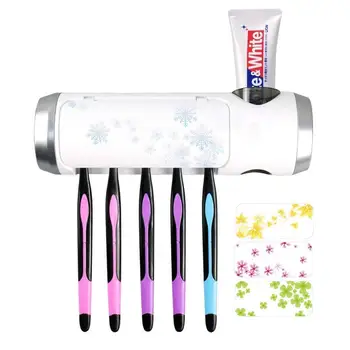 

UV Toothbrush Holder, Toothpaste Dispenser + 5 Toothbrush Sterilizer Holder Wall Mounted with Sticker for Women Kids Bathroom