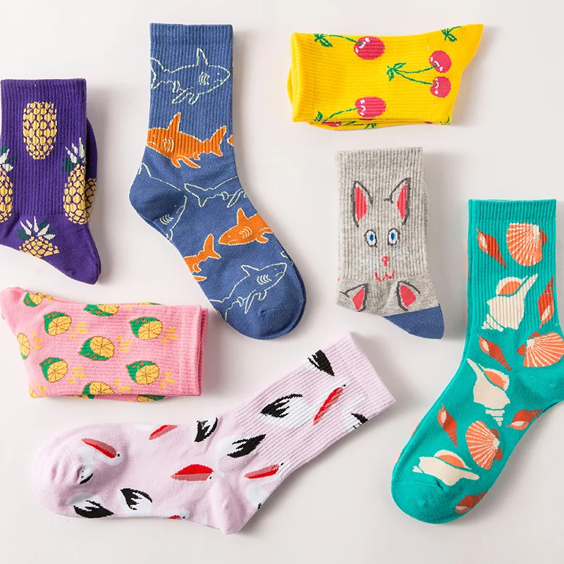 

Fruit Cotton Crew Socks Unisex Happy Men Women Animal Seafood Shell Funny Casual Ins Skateboard Character Femme Homme Long Lemon