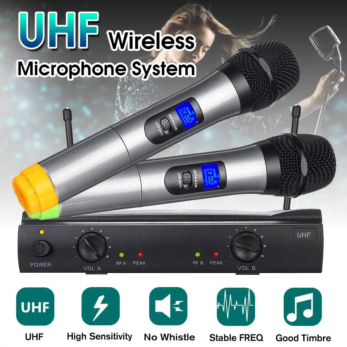 

UHF Wireless Microphone System 2 Channel 2 Cordless Handheld Mic Kraoke Speech Party supplies Cardioid Microphone Professional