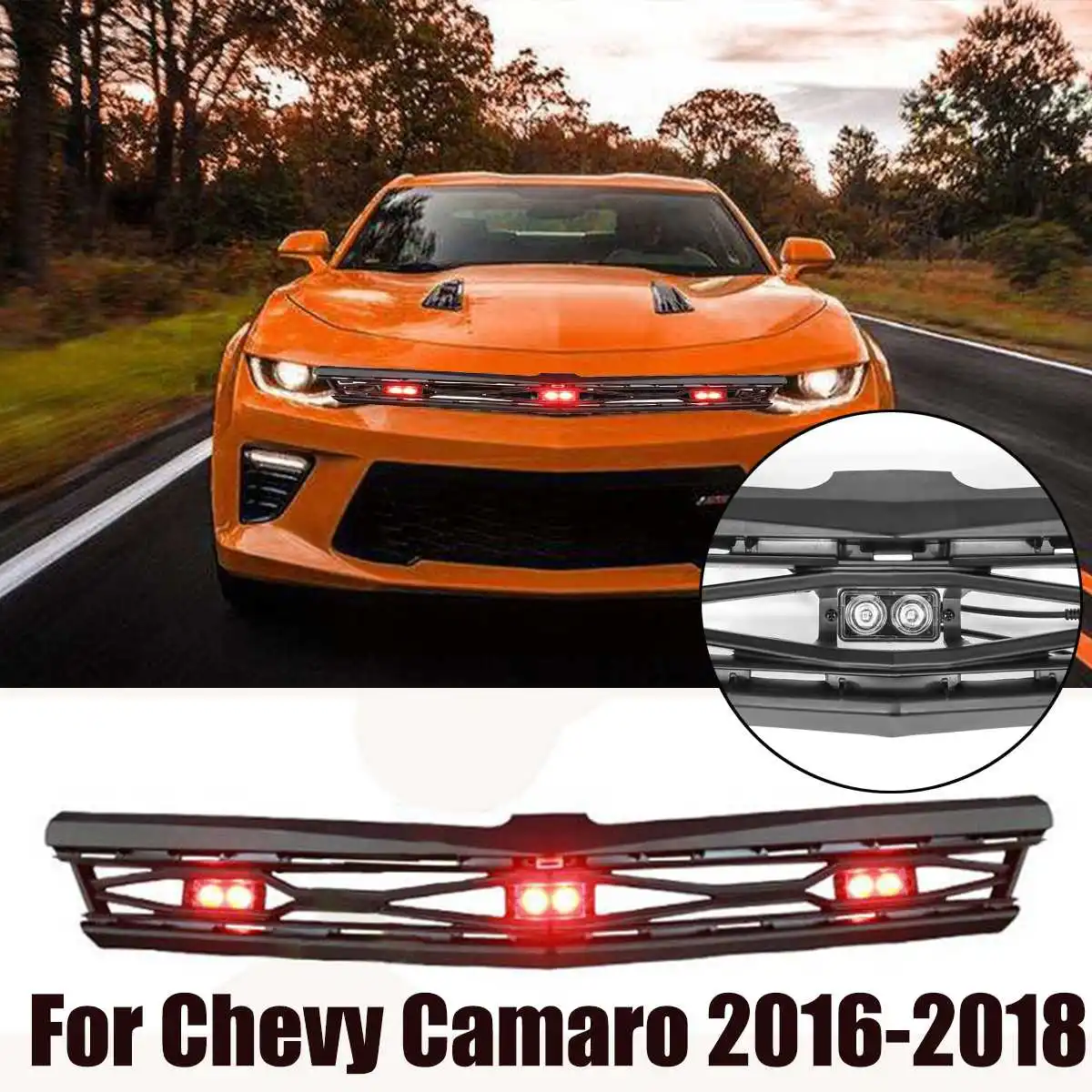 

1pc Red Car Front Grille With LED Lights Car Headstock Decor Top Upper LED Grille For Chevy Camaro 2016-2018