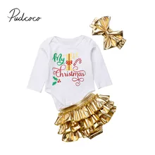 Новинка года, Рождественская одежда для маленьких девочек, 3 шт., комбинезон с длинными рукавами и надписью «Санта», топы+ оборки, блестящие шорты+ повязка на голову