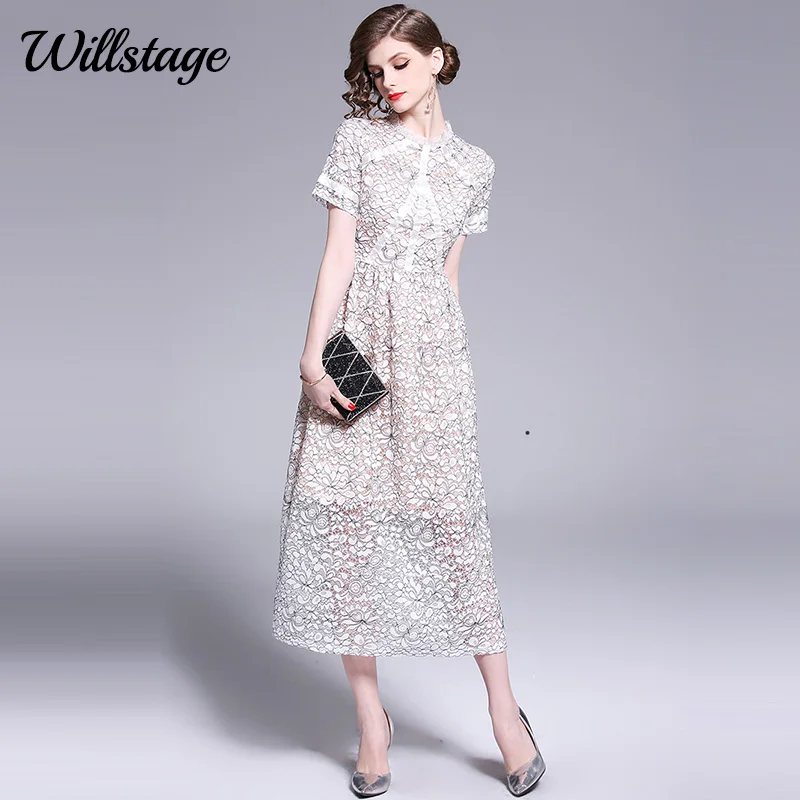

Willstage 2019 Summer long dress with lace Floral Embroidery short sleeved Dresses Women Elegant Maxi Dress female Vestidos